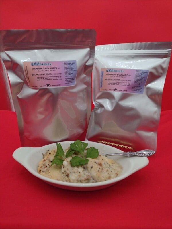 Package of Gramma's Delicacies Freeze Dried Biscuits and Gravy