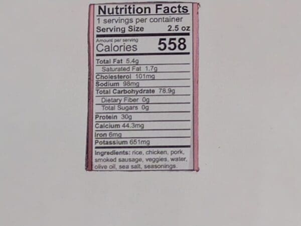 Freeze Dried Jambalaya (Gluten Free) Nutrition Facts