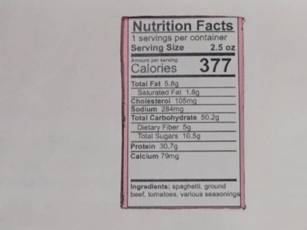 Gramma's Delicacies Freeze Dried Spaghetti and Meat Sauce Nutrition Facts